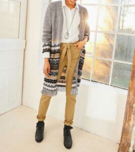 Jacquard knit coat, stone grey / camel